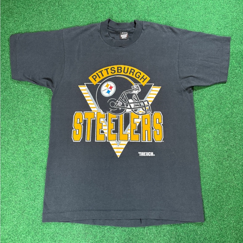 Vintage 80s 90s Pittsburgh Steelers Large Screen Stars NFL Black Faded  T Shirt